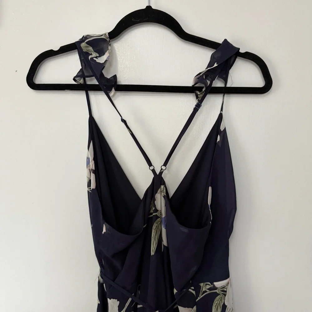 Lulus Navy Blue & Cream Floral Print Wrap Maxi Dress Medium - Picture 6 of 11